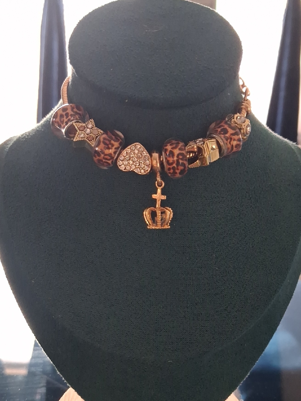 Gold-Tone Leopard Bead Charm Bracelet with Crown Pendant